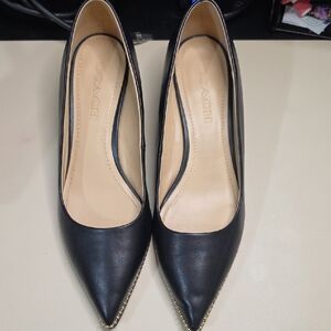 Coach Black Pointed-Toe Leather Pumps with Gold Trim